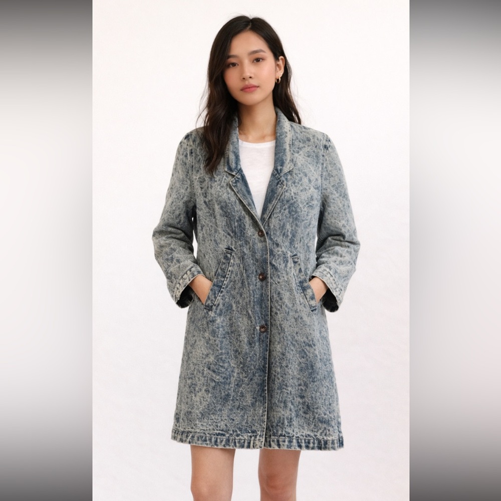 Vintage 80’s Out Of The Blue Acid Wash Long Denim Duster Coat Jacket Large